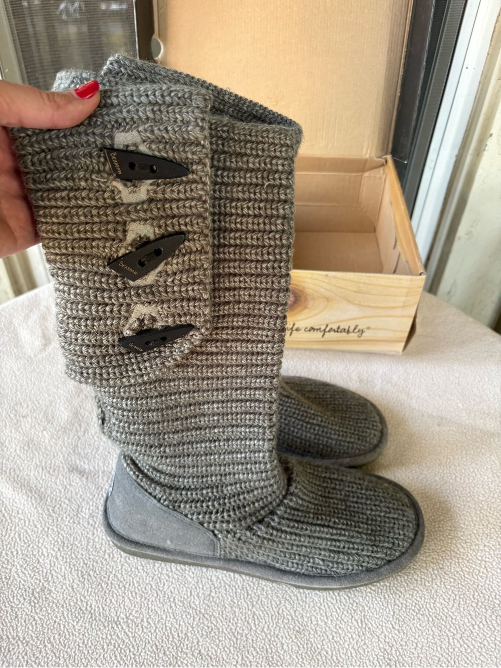 BearPaw Gray Knit Button-Accent Tall Winter Boots